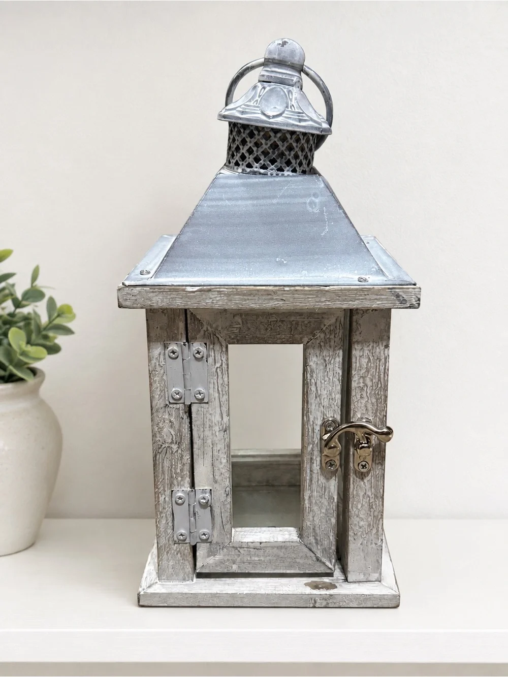 Rustic Whitewashed Wood & Metal Lantern Candle Holder or Photo Box